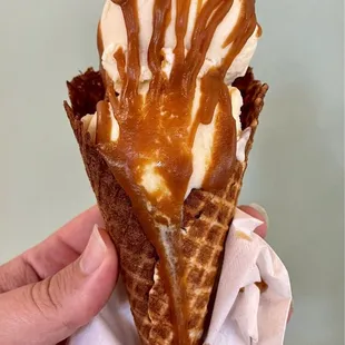 "Hey Bird!": chicken stock ice cream in a chicken skin waffle cone with salted caramel. A transcendent experience!