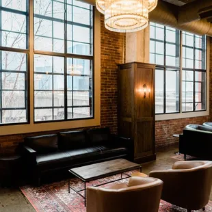 a living room with a chandelier