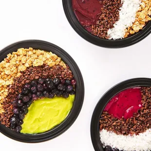 three bowls of smoothie