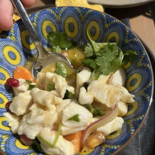 The Aji Amarillo Peruvian Ceviche is halfway gone and STILL has this much fish left. I had fish in every bite thus far