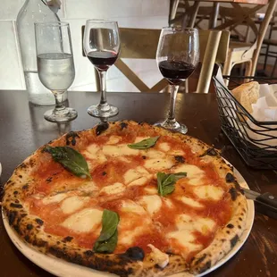 a pizza and a glass of wine