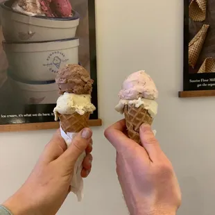 Ruby Roasters Coffee and kulfi single split (left) and Strawberry and Fresh Banana single split (right)