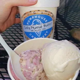 Salty Peanut Butter Chocolate Chip pint to go; scoop of Local Honeyberry and Raspberry Crisp; scoop of Malted Banana Caramel
