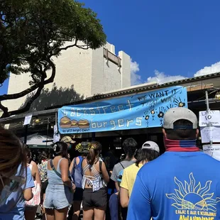 Teri burgers with a long long line