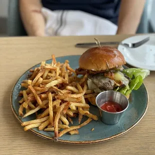 Beef &amp; pork belly burger with onion ring and black truffle mayo