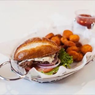 a basket of fries and a sandwich
