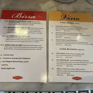 Beer and Wine Menu