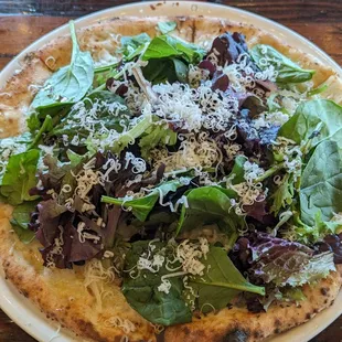 DINO Z.   Mixed greens, parmesan, balsamic vinegar, onion, garlic, oregano.   It's like a salad and cheese bread decided to have a party.