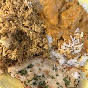 Shrimp Biryani, Butter Chicken, Garlic Naan