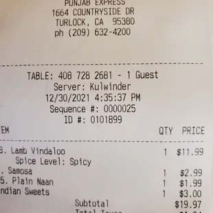 a receipt for a restaurant