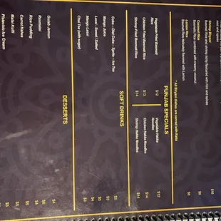 the menu of the restaurant