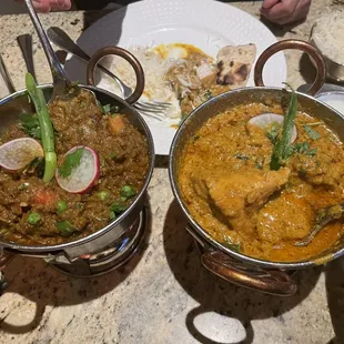 Baingan Bhartha on left and chicken on the bone korma on right