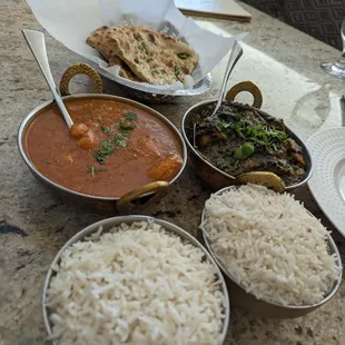 Chili Naan, Salmon Saag, and Shrimp Coconut Tikka Masala.