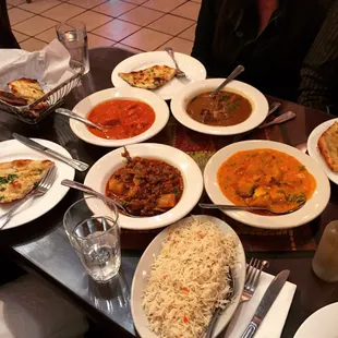 Garlic naan, chicken tikka masala, rice, etc Indian food