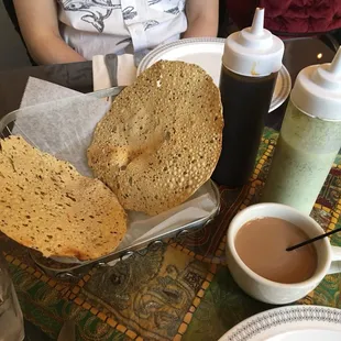 Free chai tea and appetizer with tamarind sauce and mint yogurt sauce