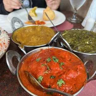 Red- Chicken Tikka Masala Yellow- Lamb Coconut Korma Green- Saag Paneer