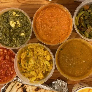 Spicy Chutney, Aloo Gobhi, Lamb Curry, Saag Paneer, Chicken Tikka Masala, Bhindi Masala