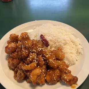 Sesame chicken and rice.