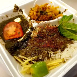 Palak Paneer, Aloo Ghobi, and Daal over Basmati Rice