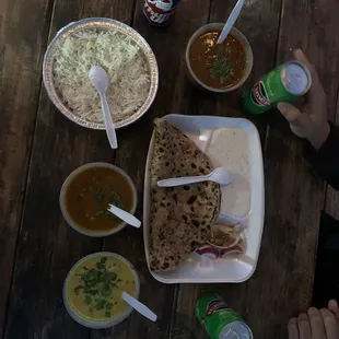 Mixed Parantha, kadhi pakora, rice, chana masala and rajma