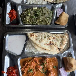 Chicken Tikka Masala, Garlic Naan, Vegetable simosa, butter chicken