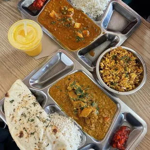 chicken coconut, matar paneer, bhel puri chatt, garlic naan, mango lassi