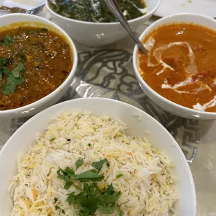fish korma, paneer(spinach&amp;cheese), butter chicken