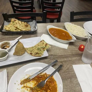 Garlic Naan, samosas, chicken tikka masala and jasmine rice!