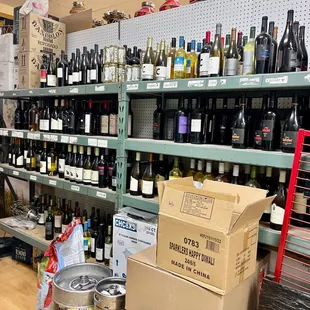 shelves of wine bottles and cans