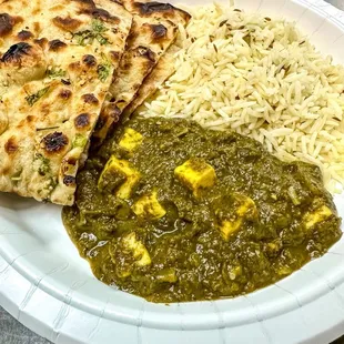 Saag paneer, jeera rice, garlic naan
