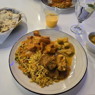 Chicken Tikka, Chicken Curry, Rice, Naan, Mango Lassi