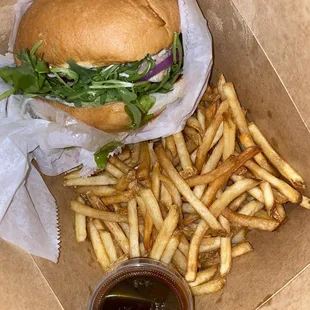 Ahi tuna burger GF bun with delicious truffle fries.