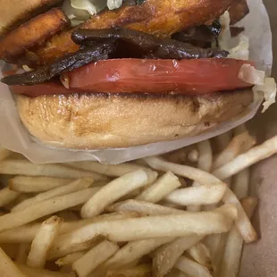 Vegan Pulled Portobello Sandwich with a side of sea salt fries.