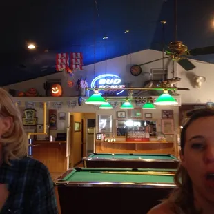 two women sitting at a pool table