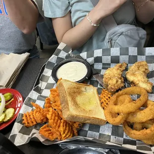 Chicken tenders w sweet potato fries &amp; onion rings