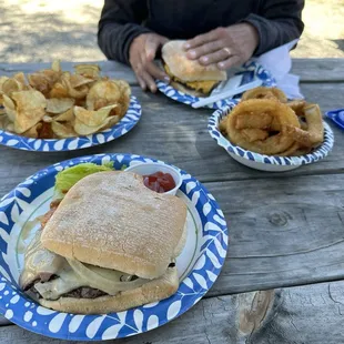 Burgers, Ribbon fries and onion rings.