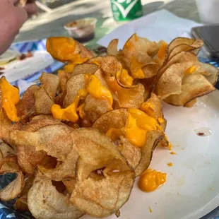 a plate of potato chips and cheese