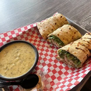 Chicken Caesar Wrap with broccoli cheddar soup