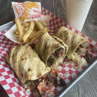 Char Broiled Ribeye Steak Sandwich made into a wrap, and crinkle fries... my favorite meal...