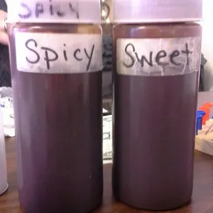 Two sauces on the table.