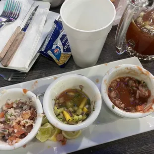 Ceviche trio the one on the left needed salt but it was still good, mango ceviche in the middle and ceviche de camaron on the right!