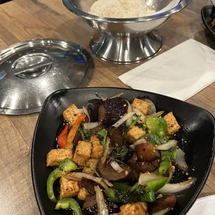 Spicy eggplant with tofu.   % delicious vegetarian option