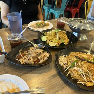 Red curry, chicken basil, pineapple fried rice, pad Thai