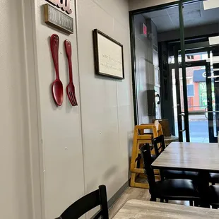 a table and chairs in a restaurant
