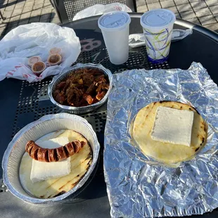 Arepas! Chorizo + paisa. Chocolate + café con leche