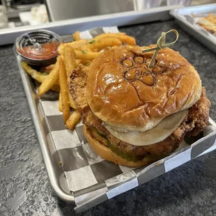 Fried chicken sandwich was almost too pretty to eat. Taste better than it looks!
