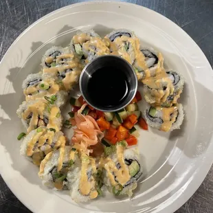 Tempura shrimp and avocado sushi