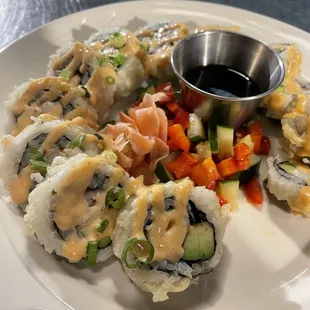 Tempura shrimp and avocado sushi