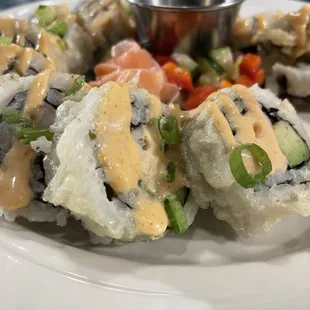 Tempura shrimp and avocado sushi