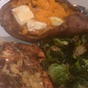 Crab Stuffed Salmon, Baked Sweet Potato and Brussels Sprouts